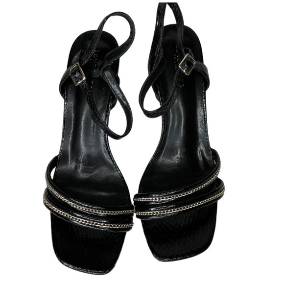 London Fog Elaina Black and Gold Strappy Mid Chunky Heel Size 11 Event Summer - Picture 2 of 7